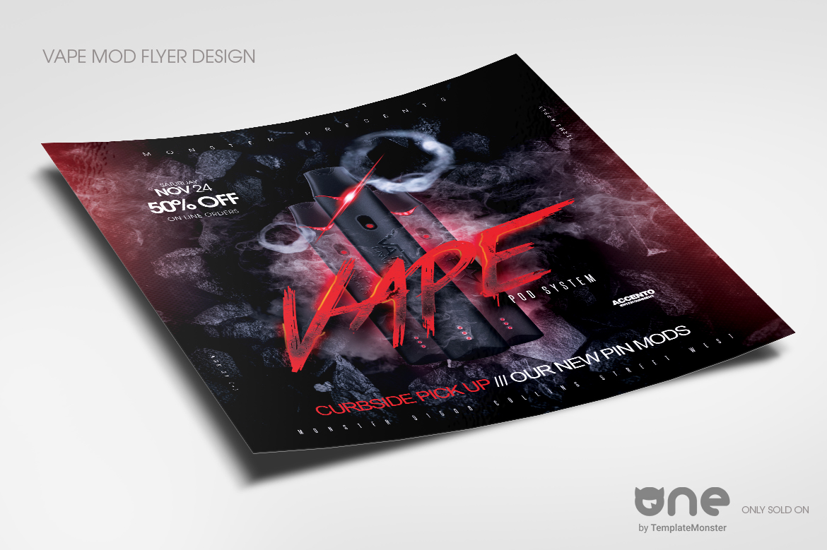 Download Фирменный стиль "Vape Mod Flyer - Corporate Identity Template" / Vape Mod Flyer - Corporate Identity Template - Фирменный стиль на тему графика atomizer,bottles,case,cigarette,clearomizer,coil,device,drip tips,electronic,flavor,liquid,mechanic,mechanical,mod,nicotine,ohm,pipe,pod system,sign