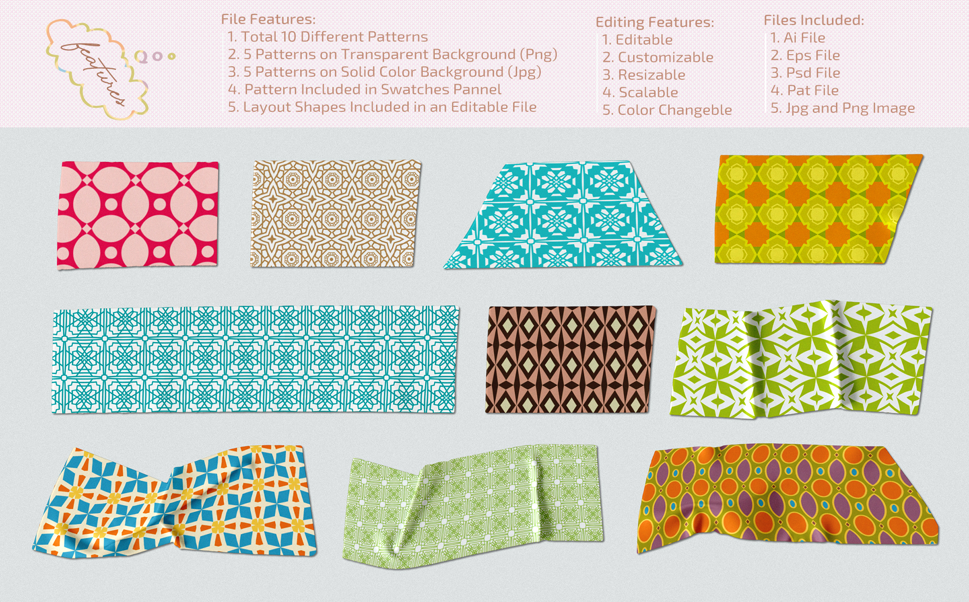 Download Pattern "10 Seamless Vector Background Bundle Pattern" / 10 Seamless Vector Background Bundle Pattern - Pattern на тему графика abstract,backgrounds,colorful,flower,geometric,mandala,pattern,elegant,textures,transparent,wedding,collection,editable,modern,seamless,set,simple,birthday,monochrome,fabric