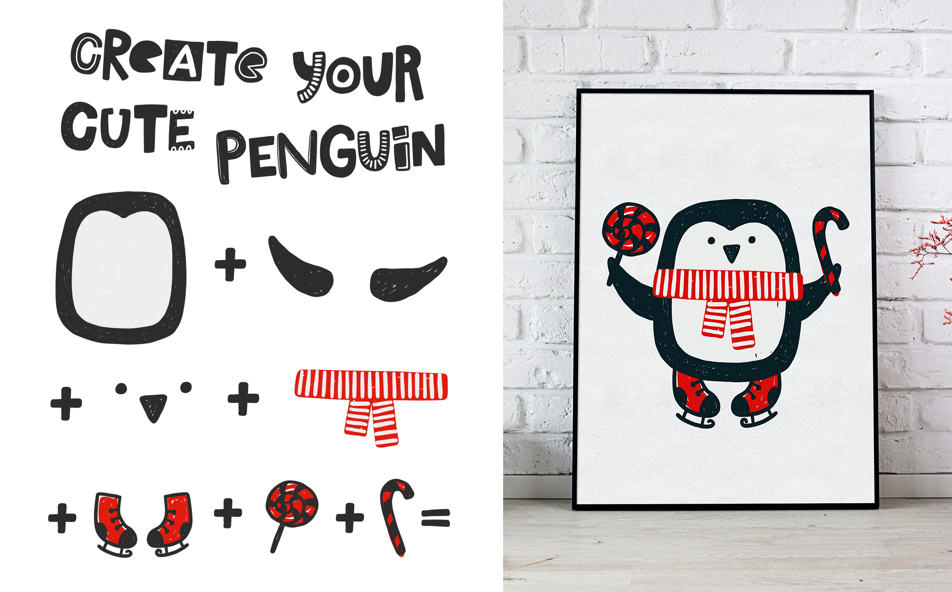 Download Иллюстрация "Cute Penguins. Christmas Collection - Illustration" / Cute Penguins. Christmas Collection - Illustration - Иллюстрация на тему графика christmas,penguin,new year,snow,kid,tree,gift,sock,hand drawn,decoration,poster,banner,illustration,vector,badge,seamless pattern,element,creator,xmas,clipart