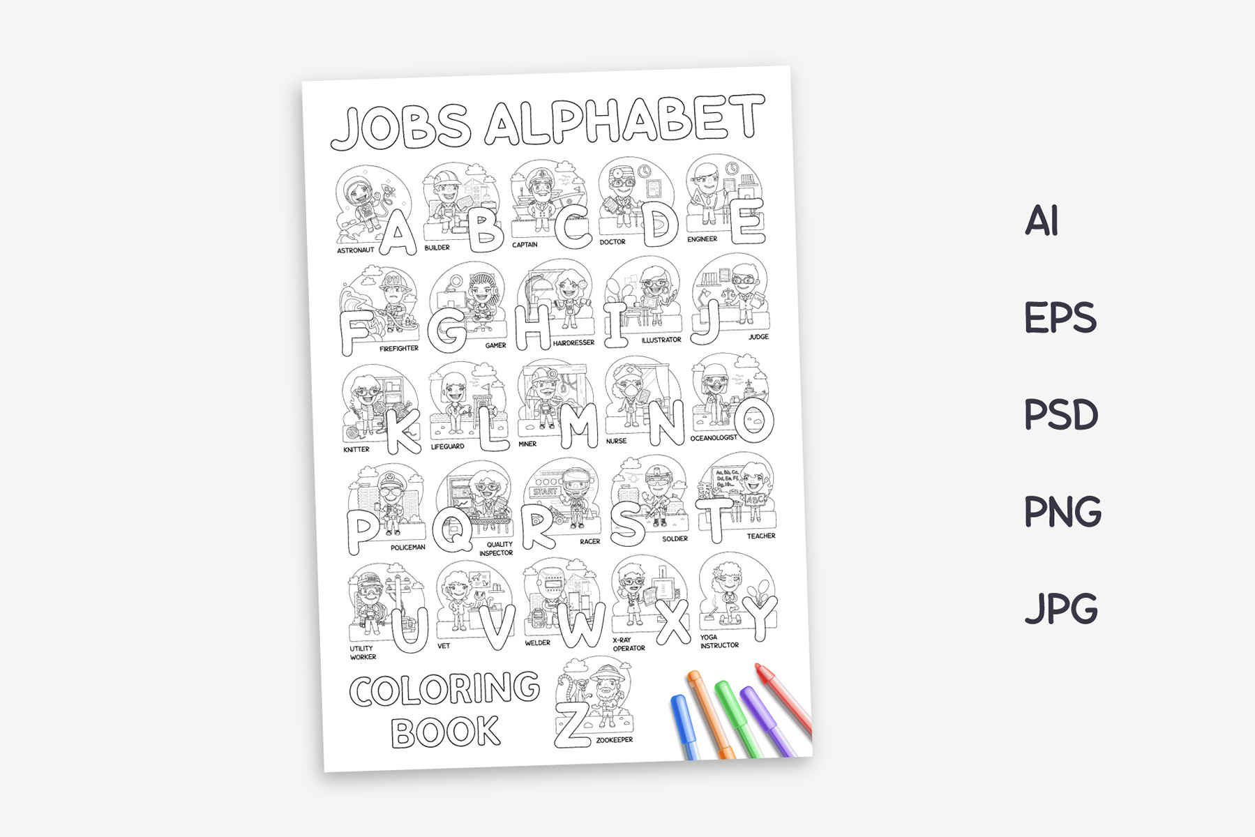 Download Vector "Jobs Alphabet Coloring Book - Vector Image" / Jobs Alphabet Coloring Book - Vector Image - Vector на тему графика job,alphabet,vector,cartoon,kids,coloring,education,draw,profession,doctor,people,astronaut,man,police,firefighter,career,work,soldier,builder,engineer