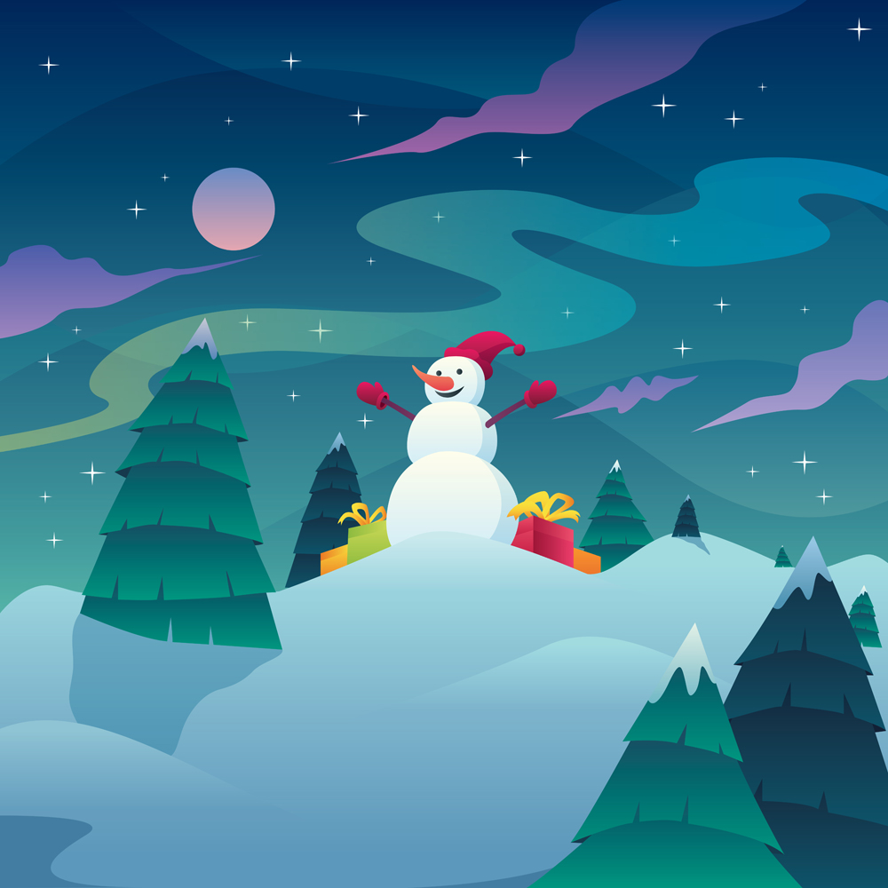 Download Иллюстрация "Snowman Christmas Landscape - Illustration" / Snowman Christmas Landscape - Illustration - Иллюстрация на тему графика snowman,christmas,xmas,landscape,background,greeting,card,new year,winter,season,holiday,celebration,snow,scene,tree,fir tree,fir,frost,gift,present