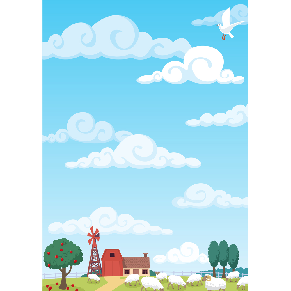 Download Иллюстрация "Farm Background - Illustration" / Farm Background - Illustration - Иллюстрация на тему графика farm,ranch,farmhouse,background,landscape,cloud,sky,cloudscape,agriculture,tree,apple,sheep,flock,house,barn,fence,wind generator,pasture,meadow,vector