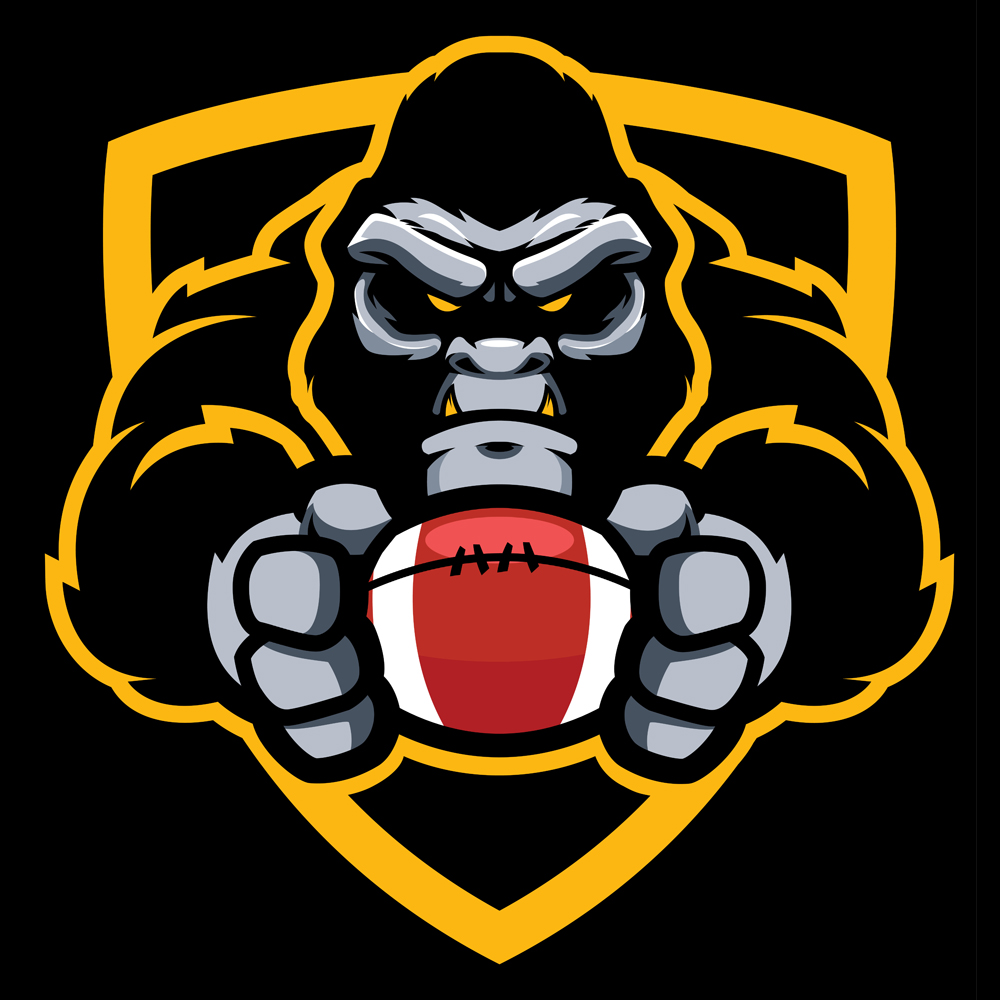 Download Иллюстрация "Gorilla American Football Mascot - Illustration" / Gorilla American Football Mascot - Illustration - Иллюстрация на тему графика mascot,gorilla,ape,monkey,sport,team,animal,symbol,sign,logo,football,american,ball,holding,league,icon,aggressive,wild,strong,tough
