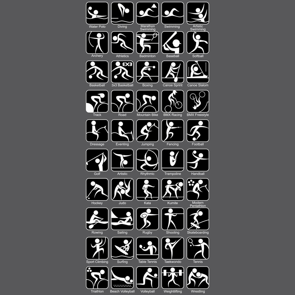 Download Иллюстрация "Summer Sports Symbols - Illustration" / Summer Sports Symbols - Illustration - Иллюстрация на тему графика olympic,olympiad,tokyo,2020,games,sports,summer,symbol,sign,icon,set,aquatics,swimming,diving,water polo,artistic swimming,marathon swimming,archery,athletics,badminton