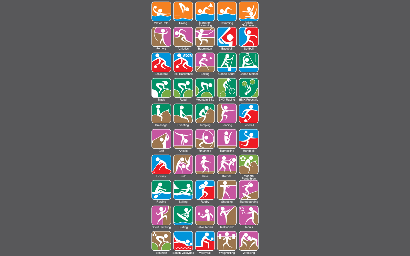 Download Иллюстрация "Summer Sports Symbols - Colorful - Illustration" / Summer Sports Symbols - Colorful - Illustration - Иллюстрация на тему графика olympic,olympiad,tokyo,2020,games,sports,summer,symbol,sign,icon,set,aquatics,swimming,diving,water polo,artistic swimming,marathon swimming,archery,athletics,badminton