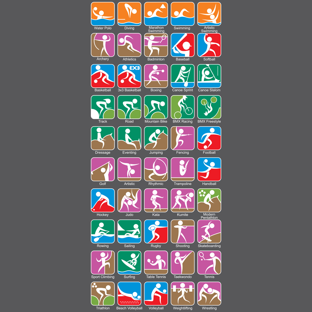 Download Иллюстрация "Summer Sports Symbols - Colorful - Illustration" / Summer Sports Symbols - Colorful - Illustration - Иллюстрация на тему графика olympic,olympiad,tokyo,2020,games,sports,summer,symbol,sign,icon,set,aquatics,swimming,diving,water polo,artistic swimming,marathon swimming,archery,athletics,badminton