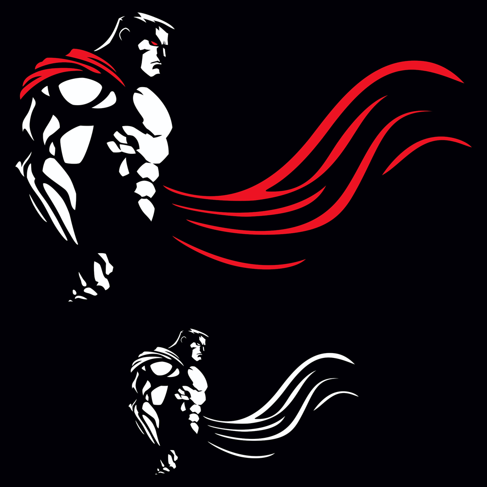 Download Иллюстрация "Superhero on Black - Illustration" / Superhero on Black - Illustration - Иллюстрация на тему графика superhero,super,hero,superman,power,comic book,athlete,sportsman,man,male,macho,silhouette,strength,strong,muscular,body,gym,fit,fitness,bodybuilding