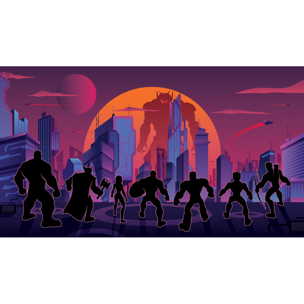 Download Иллюстрация "Super Team in Futuristic City - Illustration" / Super Team in Futuristic City - Illustration - Иллюстрация на тему графика team,group,league,alliance,party,squad,avenger,superhero,super,hero,heroine,woman,girl,female,man,male,silhouette,back,city,cityscape