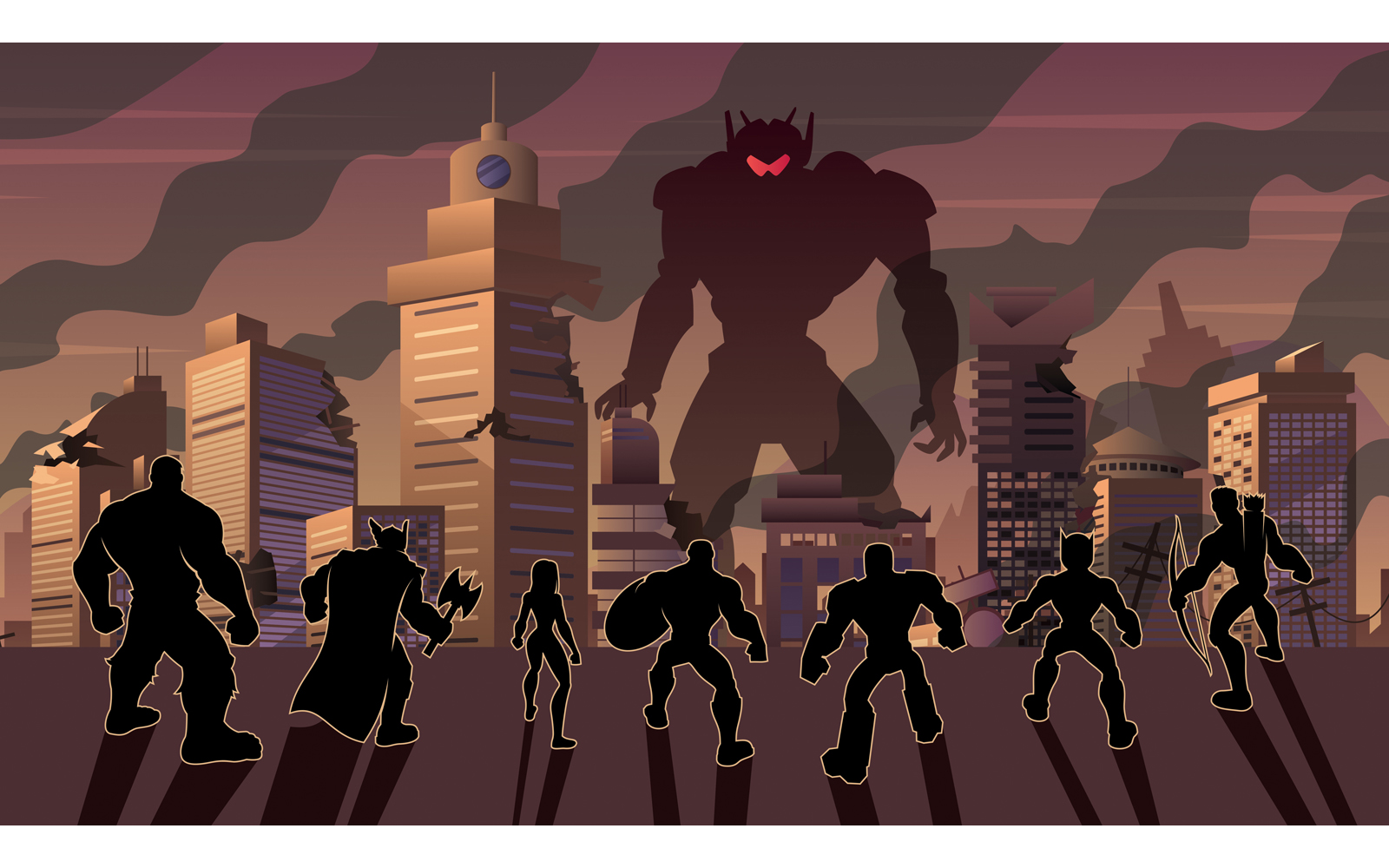 Download Иллюстрация "Super Team Versus Evil Robot - Illustration" / Super Team Versus Evil Robot - Illustration - Иллюстрация на тему графика team,group,league,alliance,party,squad,avenger,superhero,super,hero,heroine,woman,girl,female,man,male,silhouette,back,city,cityscape