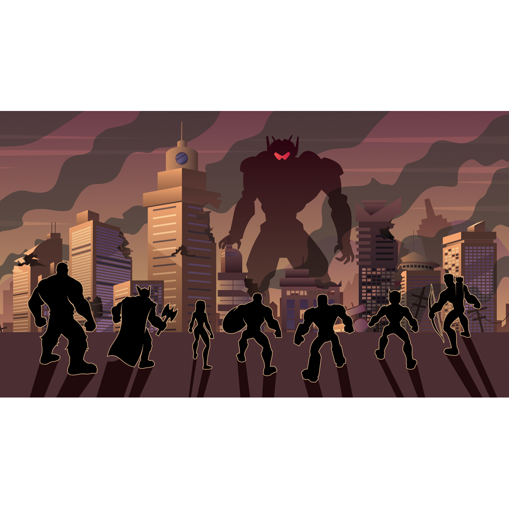 Download Иллюстрация "Super Team Versus Evil Robot - Illustration" / Super Team Versus Evil Robot - Illustration - Иллюстрация на тему графика team,group,league,alliance,party,squad,avenger,superhero,super,hero,heroine,woman,girl,female,man,male,silhouette,back,city,cityscape