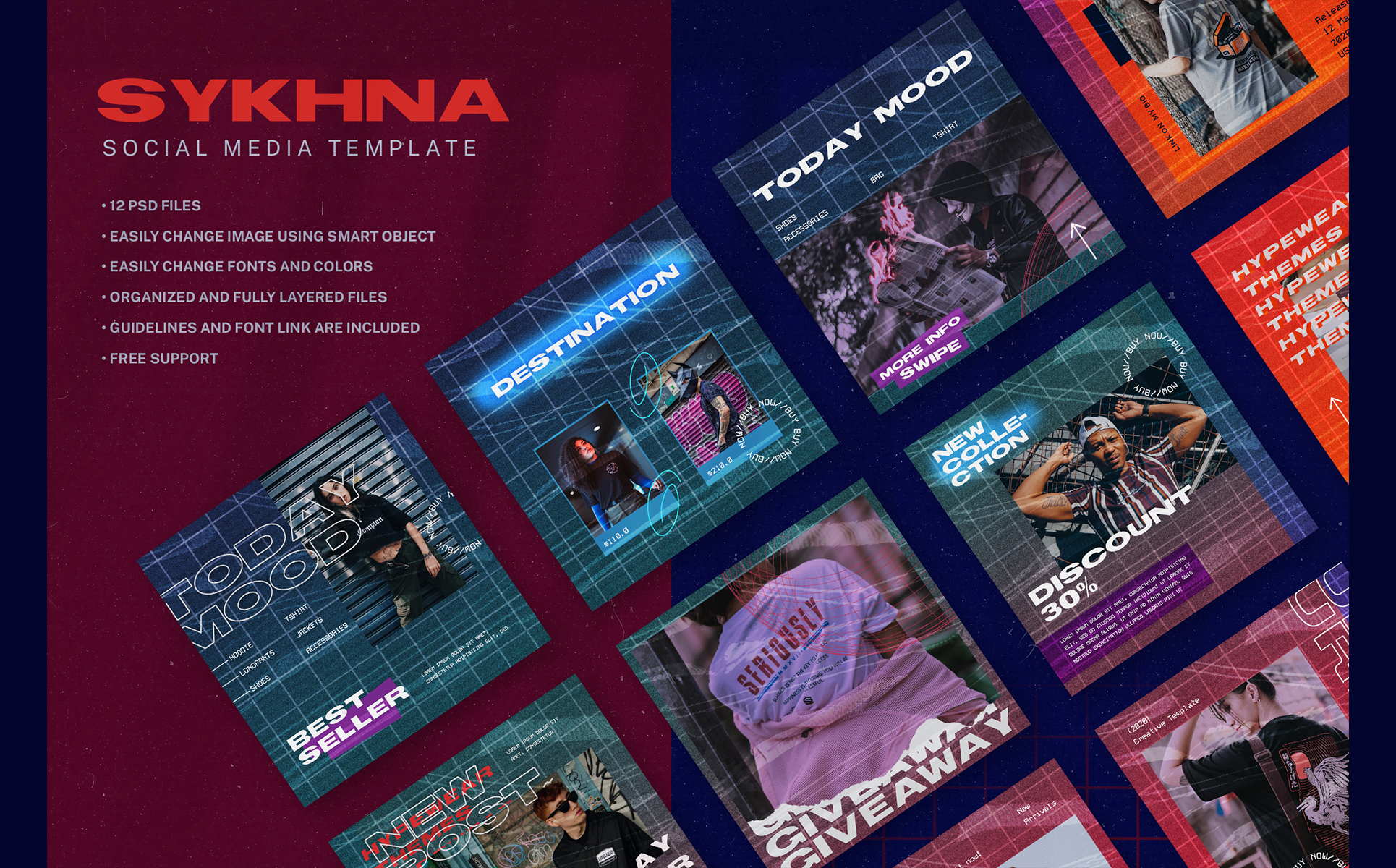 Download Шаблон для соцсетей "Sykhna Social Media Template" / Sykhna Social Media Template - Шаблон для соцсетей на тему графика banner pack,banners,business,buy,clothes,clothing,cloths,coupon,deal,discount,dress,fashion,flat,flat design,gif,instagram,marketing,modern,90s,80s