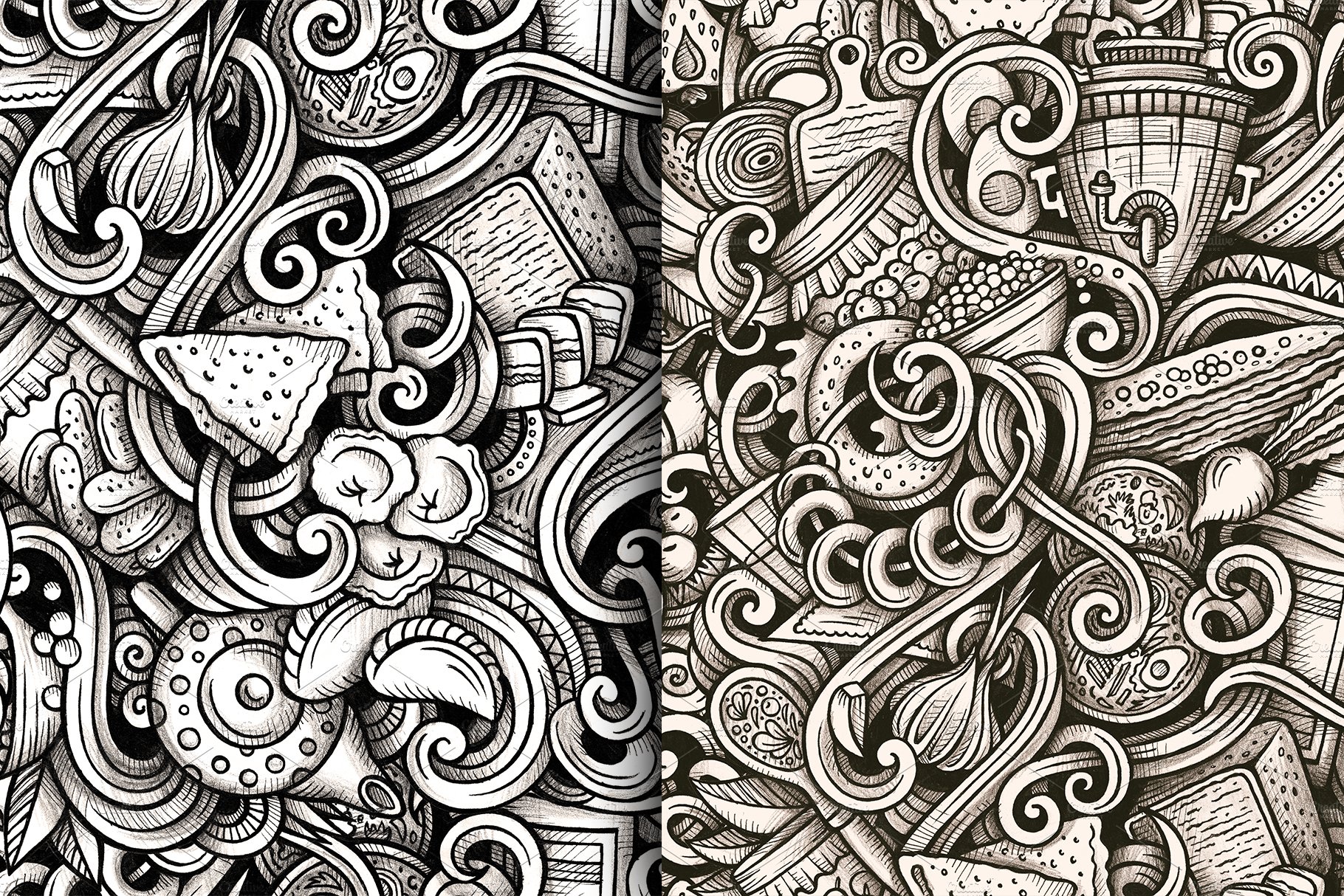 Download Pattern "Russian Food Graphics Doodles Seamless Pattern" / Russian Food Graphics Doodles Seamless Pattern - Pattern на тему графика vintage,hand-drawn,illustration,design,retro,cooking,country,doodles,collection,graphics,graffiti,restaurant,menu,background,black,product,cuisine,kitchen,grunge,drawing,dinner,cartoon,set,wa