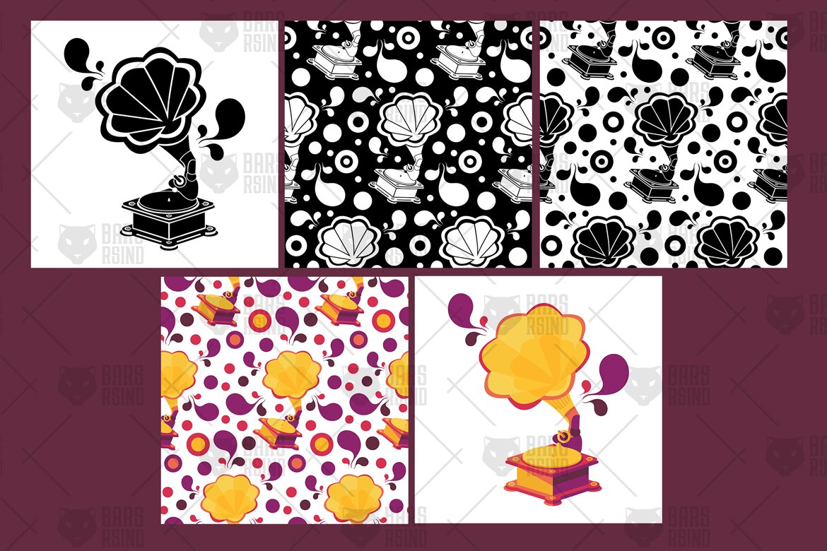 Download Pattern "Retro Gramophone Pattern" / Retro Gramophone Pattern - Pattern на тему графика vintage,logo,hand-drawn,illustration,design,retro,classic,fashion,decorative,vector,old,antique,texture,fabric,color,clipart,abstract,music,flat,musical,background,black,white,stencil,print,i