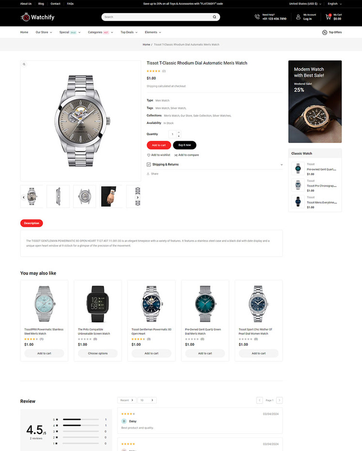 Watchify Watches and Jewelry Store Shopify Theme #413225