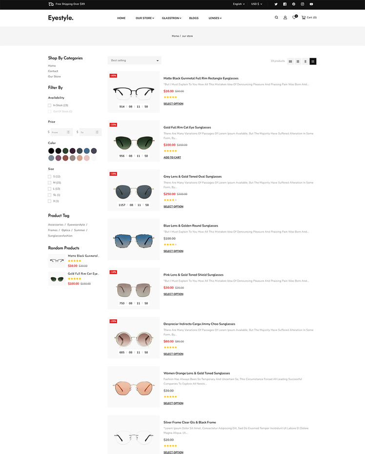 Eyestyle Eye Glasses Goggles and Sunglass Multipurpose Shopify Theme #256003
