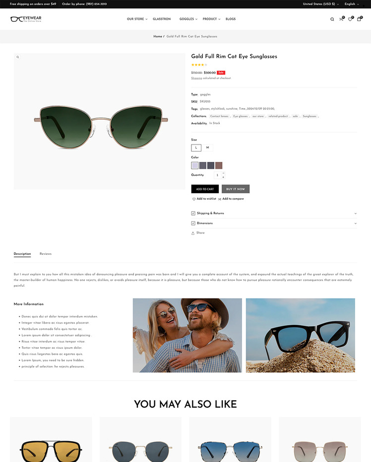 Eyewear Goggles and Sunglasses Shopify Responsive Theme #321769