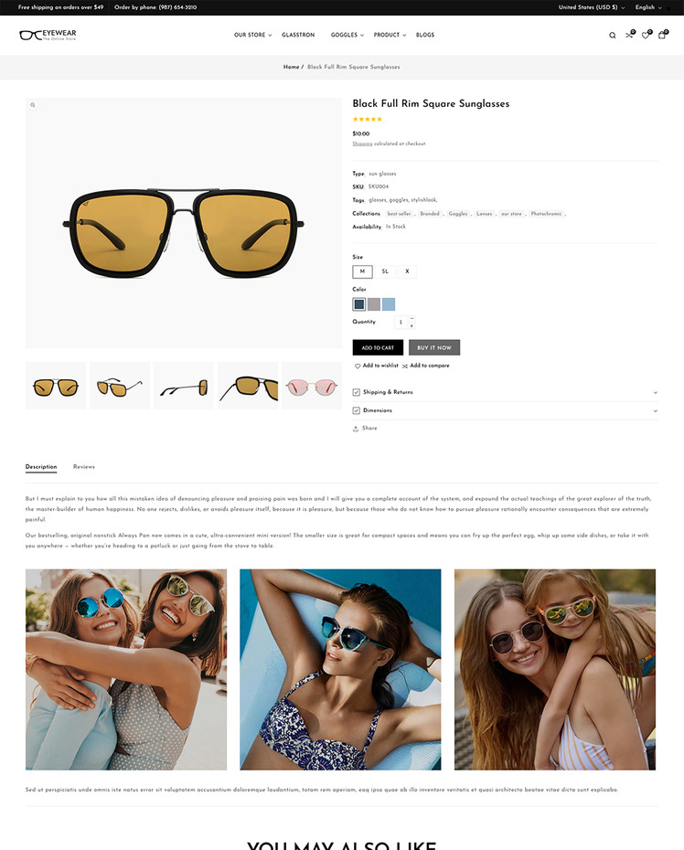 Eyewear Goggles and Sunglasses Shopify Responsive Theme #321769