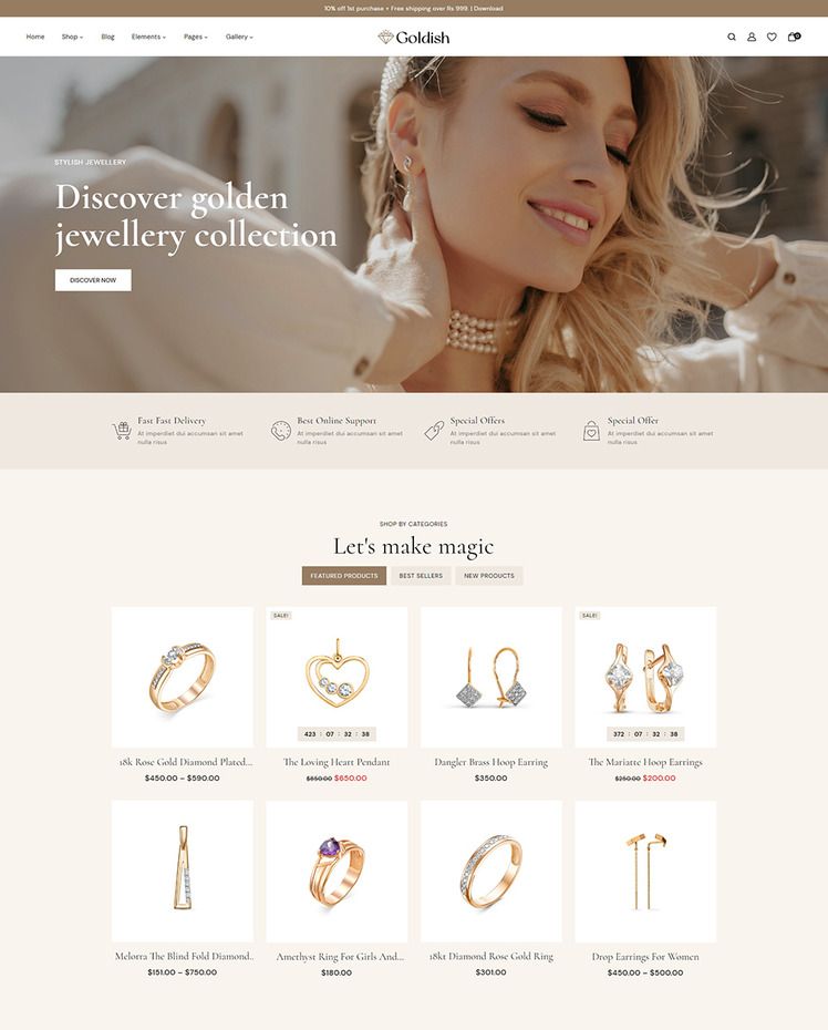 Goldish Modern Jewelry and Imitation Store WooCommerce Elementor Responsive Theme #313610