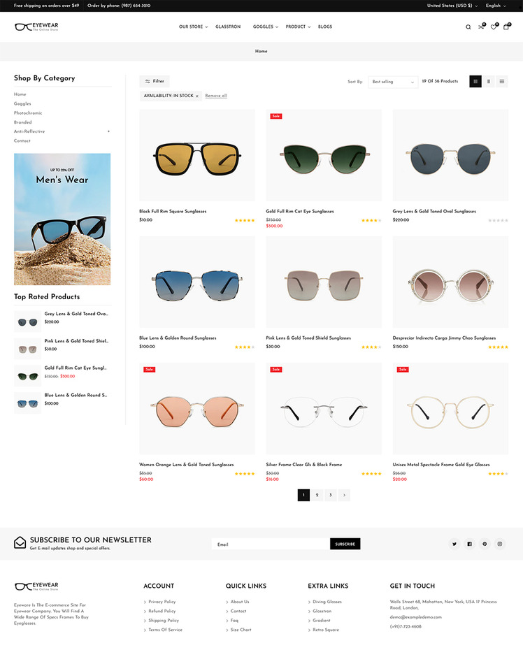 Eyewear Goggles and Sunglasses Shopify Responsive Theme #321769