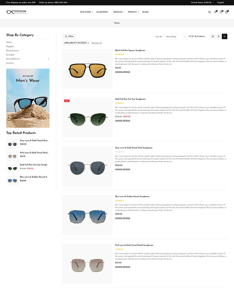 Eyewear Goggles and Sunglasses Shopify Responsive Theme #321769