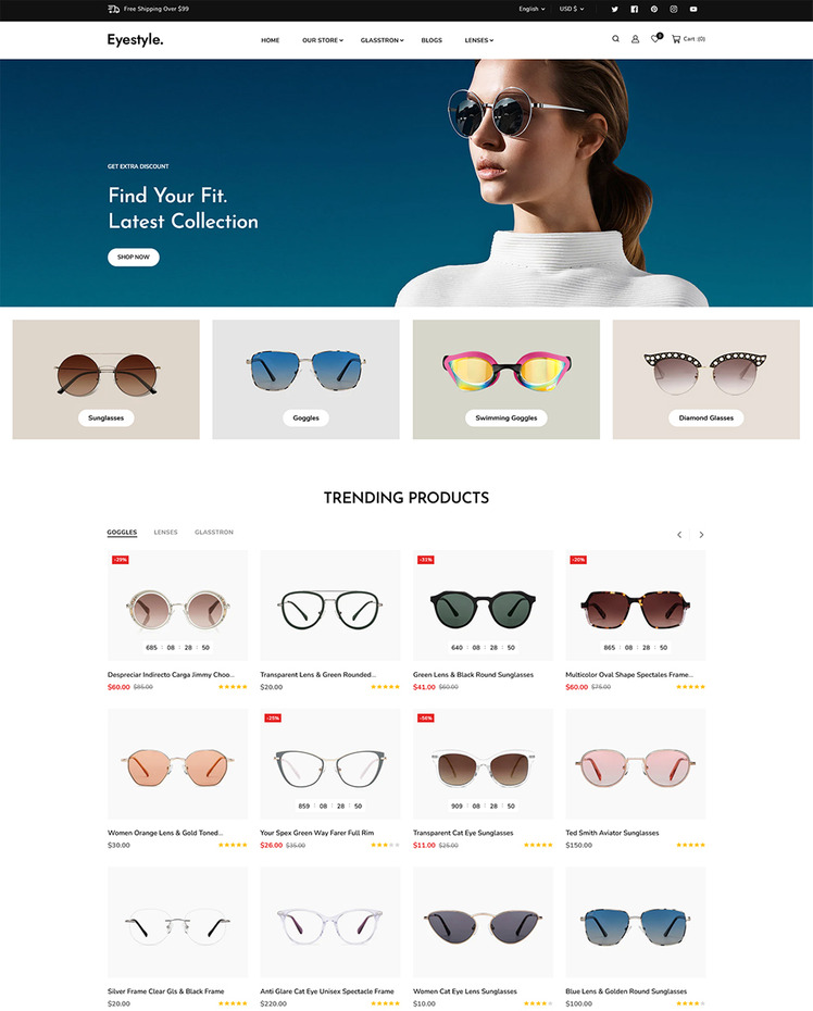 Eyestyle Eye Glasses Goggles and Sunglass Multipurpose Shopify Theme #256003
