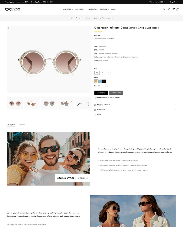 Eyewear Goggles and Sunglasses Shopify Responsive Theme #321769