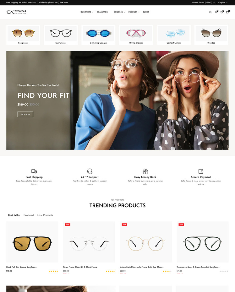 Eyewear Goggles and Sunglasses Shopify Responsive Theme #321769