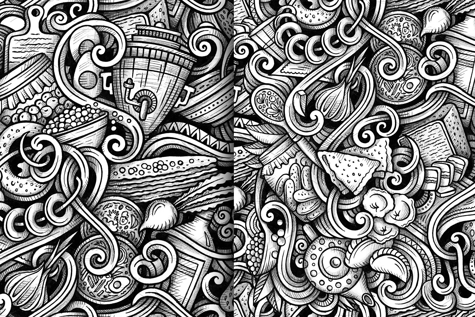 Download Pattern "Russian Food Graphics Doodles Seamless Pattern" / Russian Food Graphics Doodles Seamless Pattern - Pattern на тему графика vintage,hand-drawn,illustration,design,retro,cooking,country,doodles,collection,graphics,graffiti,restaurant,menu,background,black,product,cuisine,kitchen,grunge,drawing,dinner,cartoon,set,wa