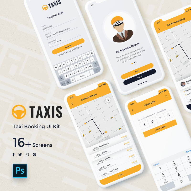 Taxi bokning mobilapp UI Kit - Features Image 1