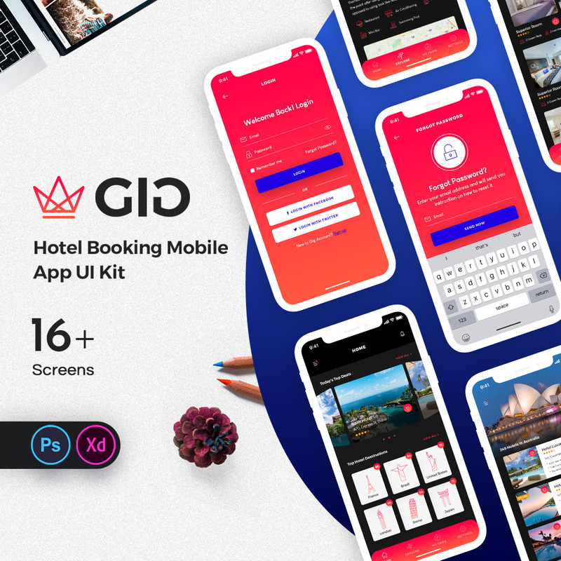 Элементы пользовательского интерфейса мобильного приложения GiG Hotel Booking - Features Image 1