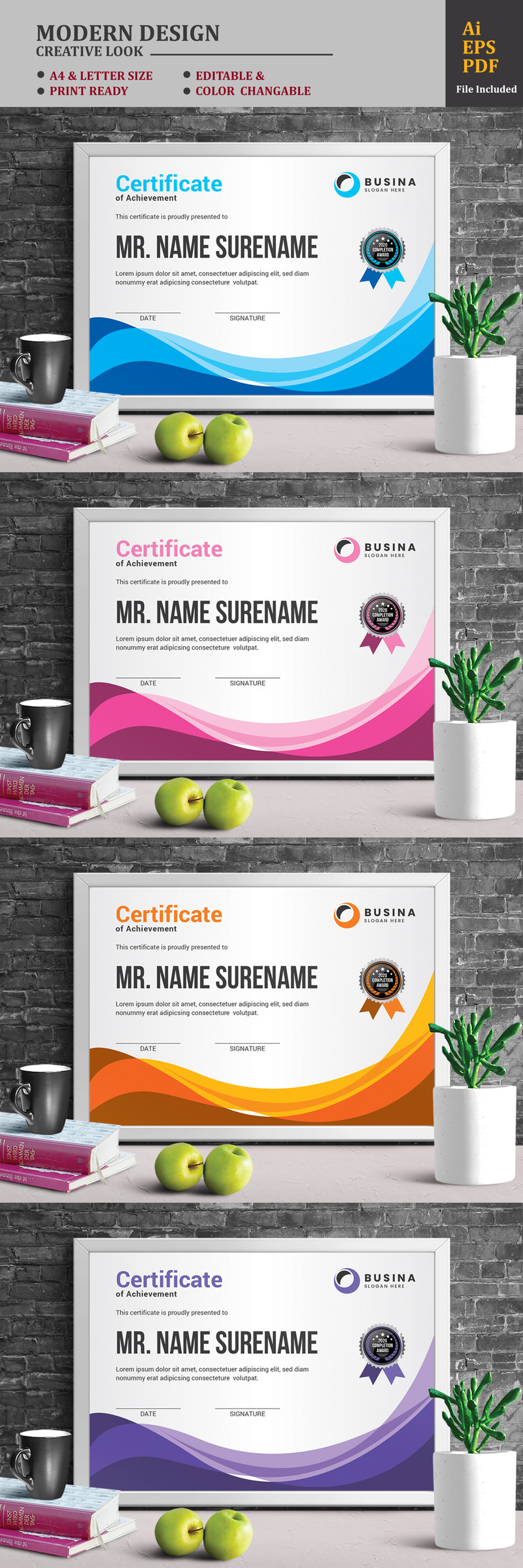 Modello di certificato blu dal design ondulato - Caratteristiche Immagine 1