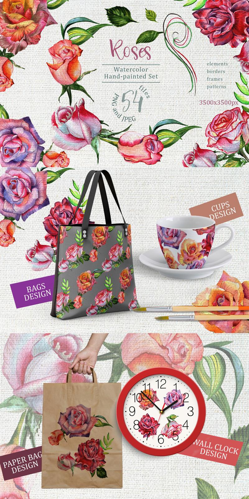 Wonderful Roses PNG Watercolor Flower Set - Illustration - Features Image 1