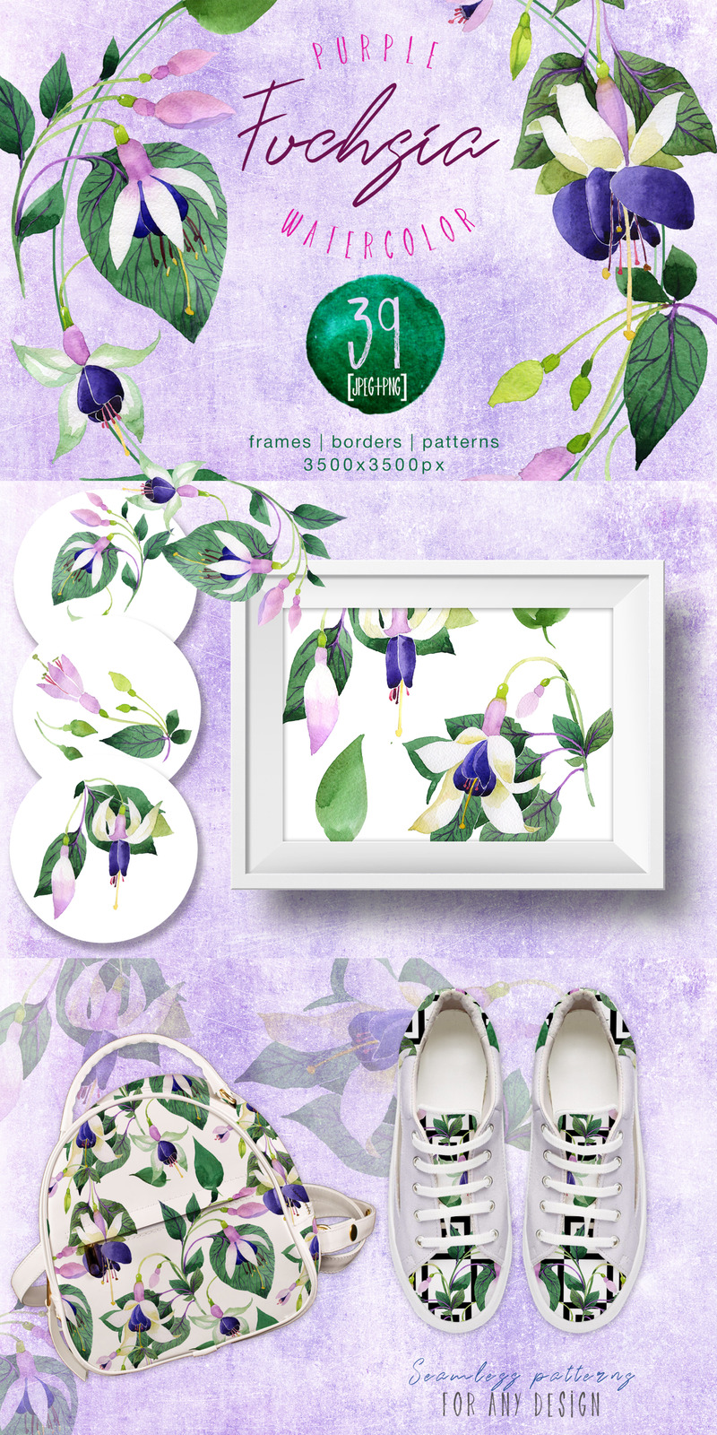 Purple Fuchsia PNG Watercolor Flower Set Illustration - Features Image 1
