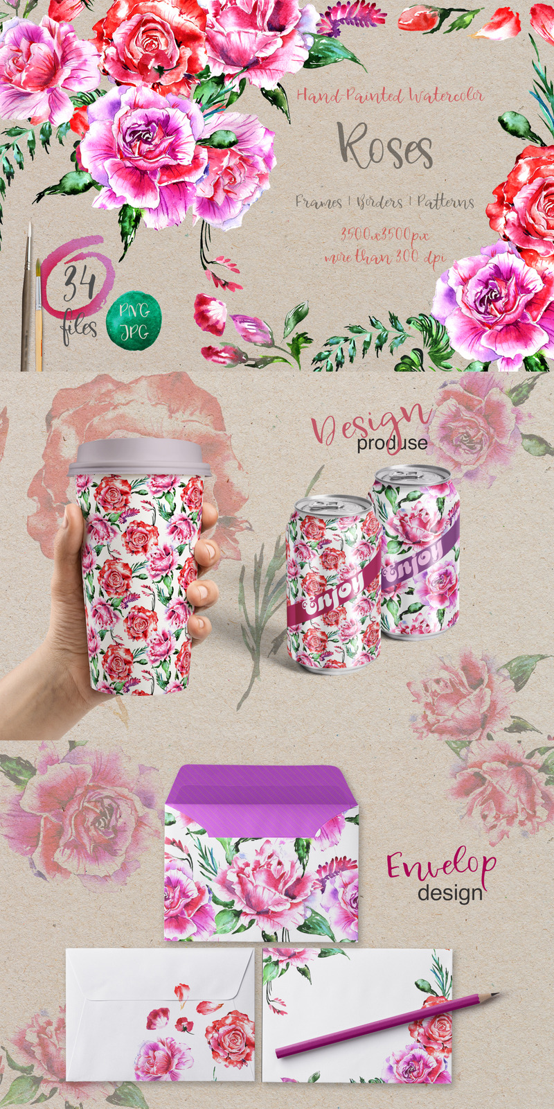 Holiday Pink Roses - PNG Watercolor - Illustration - Features Image 1