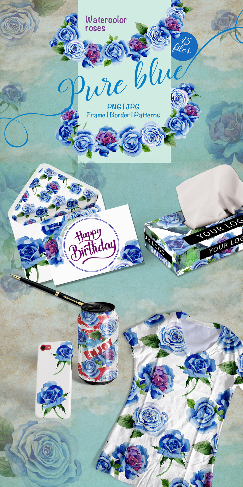 Beautiful Blue Roses - PNG Watercolor Flower - Illustration - Features Image 1