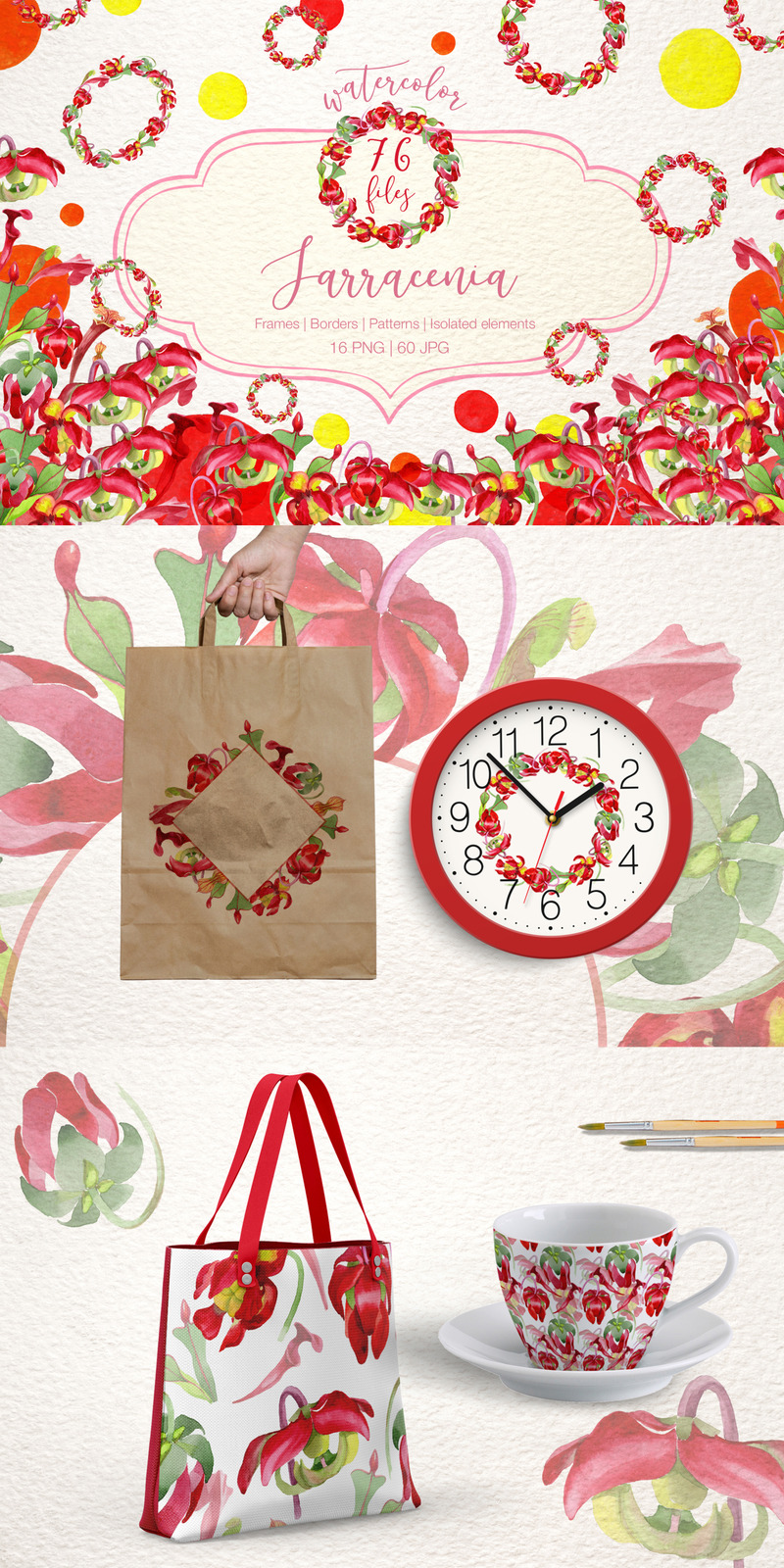 Cool Red Sarracenia PNG Watercolor Set Illustration - Features Image 1