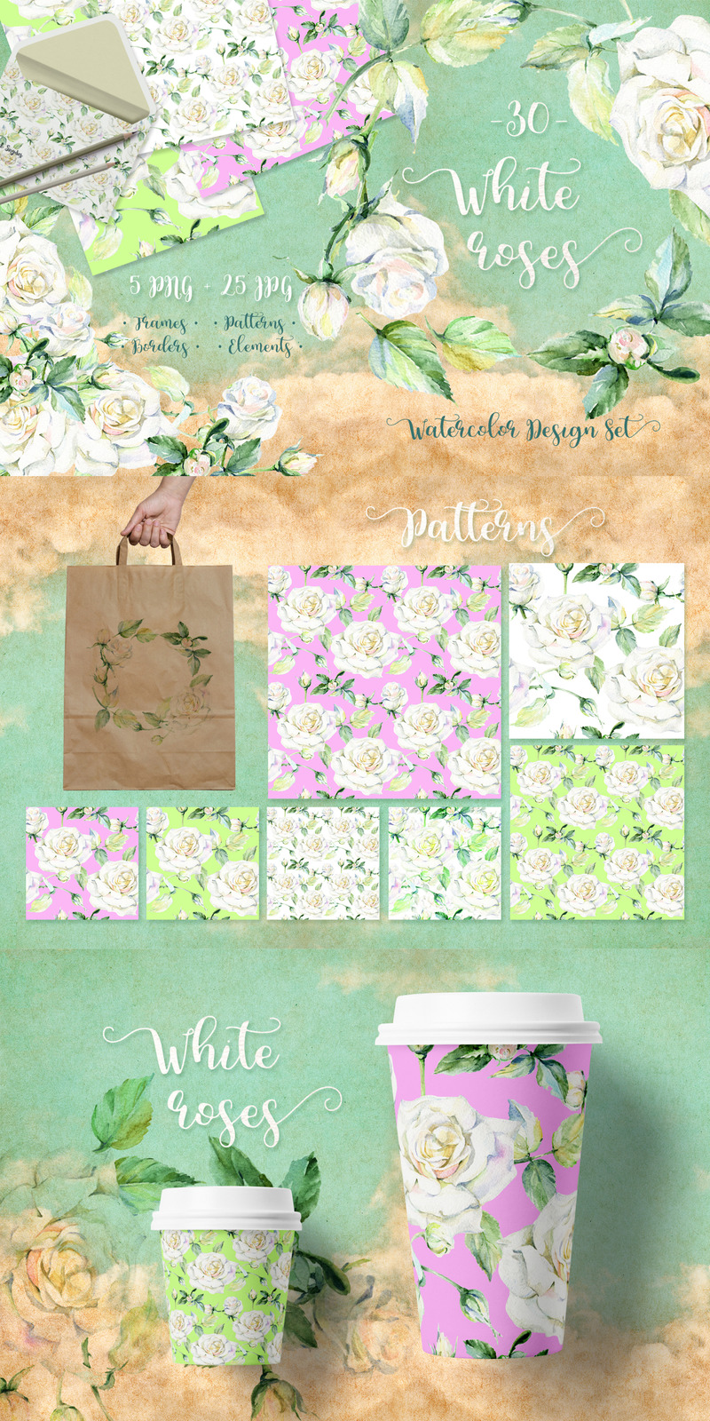 Delicate White Roses PNG Watercolor Set - Illustration - Features Image 1