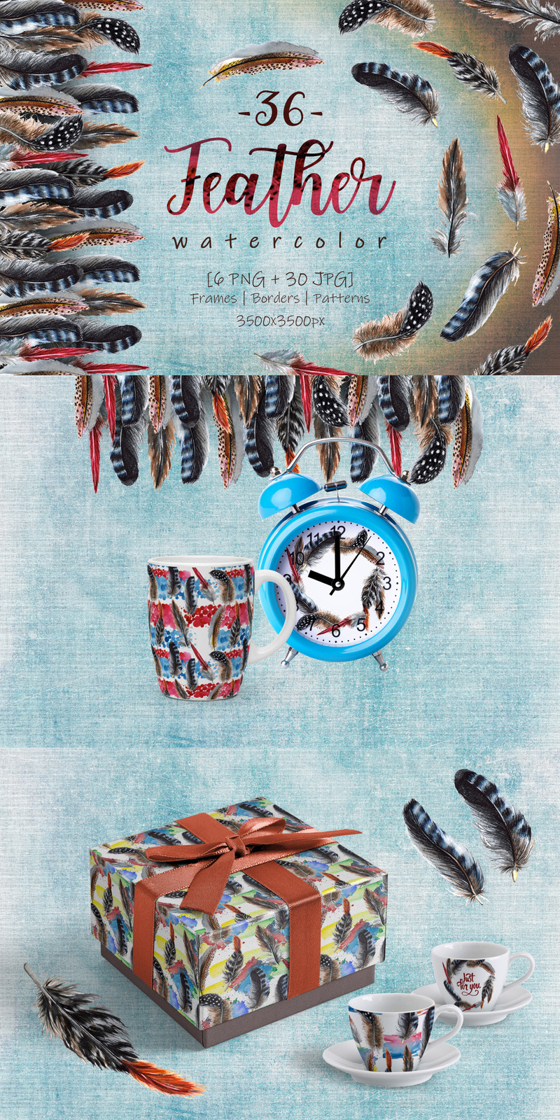 Delightful Feathers PNG Watercolor Set - Illustration - Features Image 1