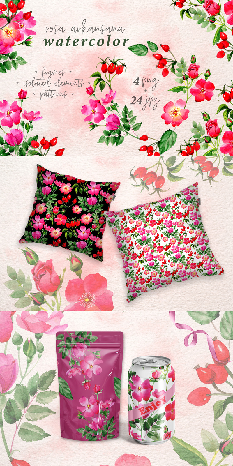 Rosa Arkansana PNG Watercolor Set Creative Illustration - Features Image 1