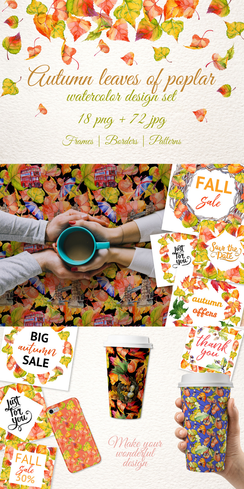 Autumn Leaves of Poplar PNG Watercolor Creative Set Illustration - Features Image 1