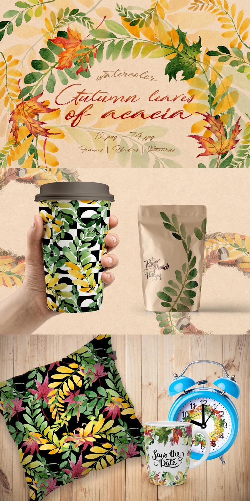 Autumn Leaves Of Acacia PNG Watercolor Set Illustration - Features Image 1
