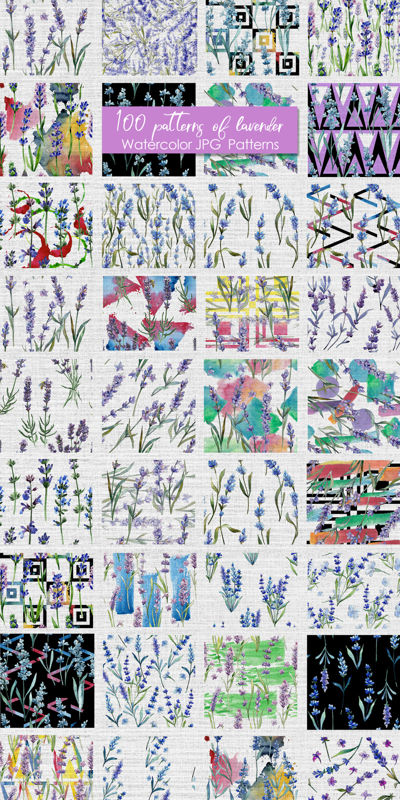 100 mönster av lavendelblomma JPG akvarelluppsättning - illustration - Features Image 1