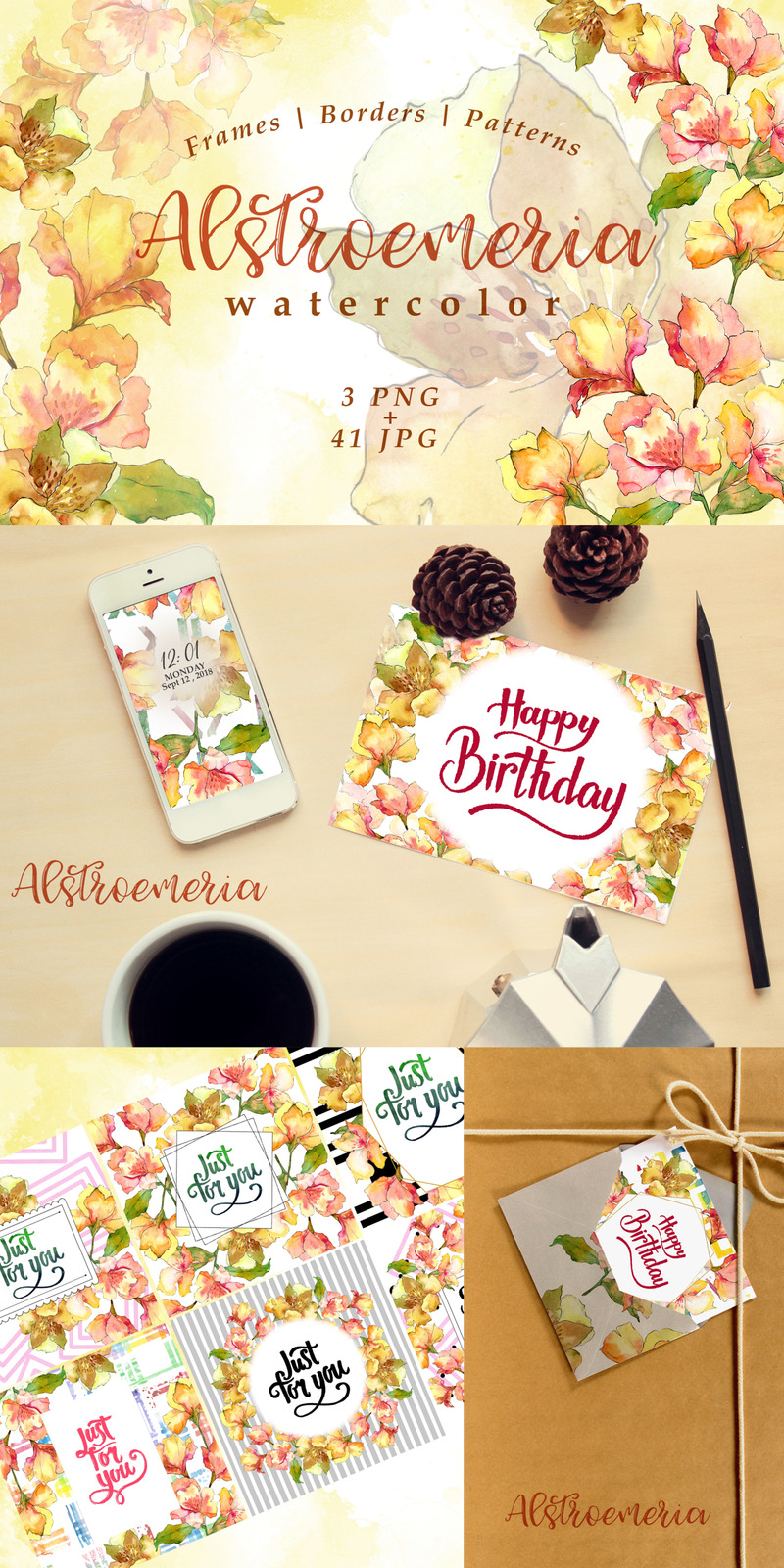 Watercolor Yellow Alstroemeria Flower PNG Set - Illustration - Features Image 1