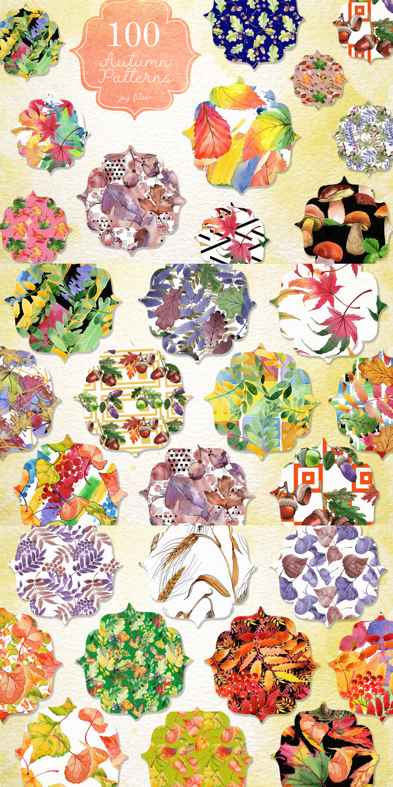100 Autumn Patterns JPG Watercolor Set - Illustration - Features Image 1
