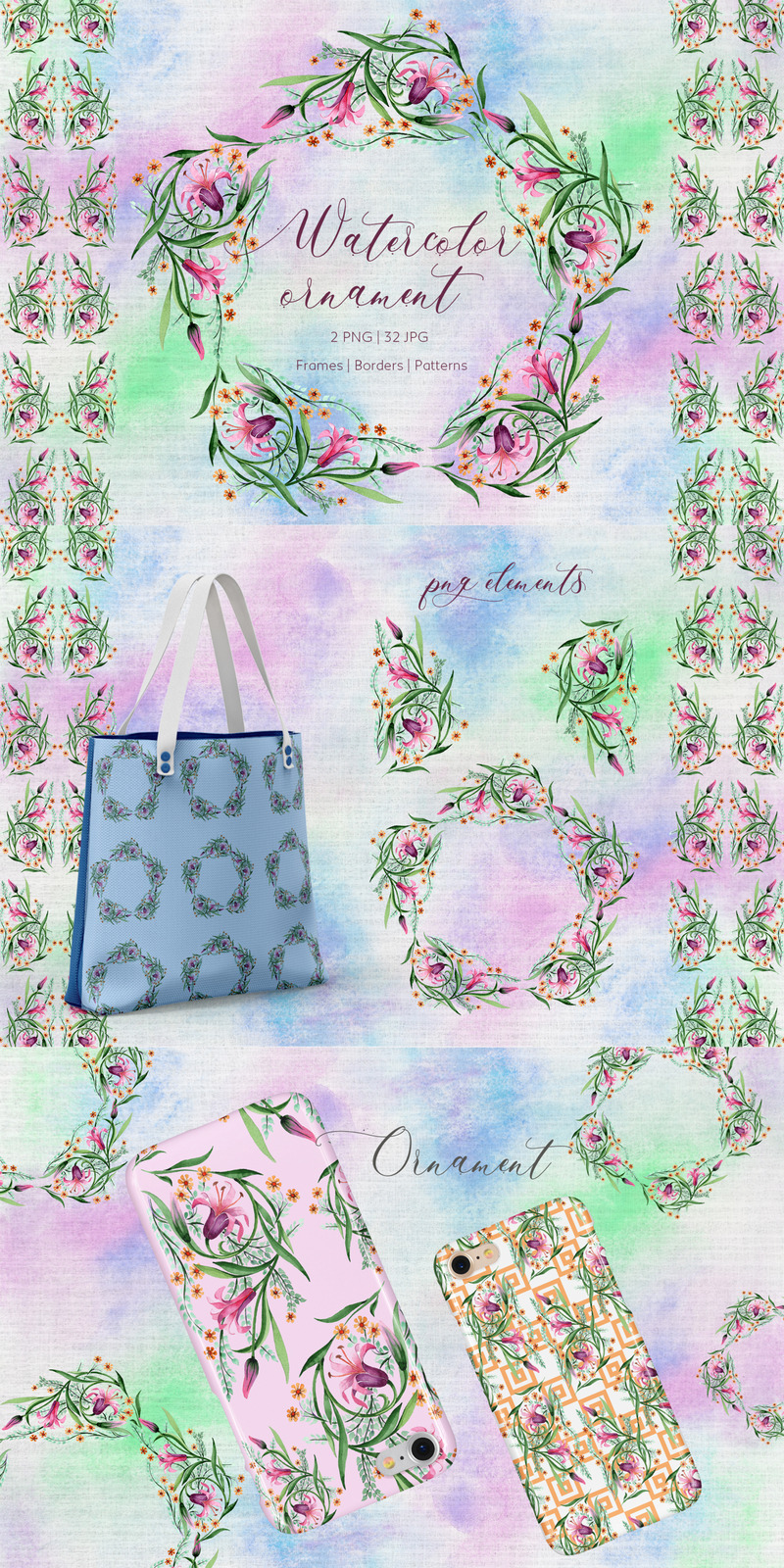 Lilien Ornament von rosa Blumen PNG Aquarell Set - Illustration - Eigenschaften Bild 1