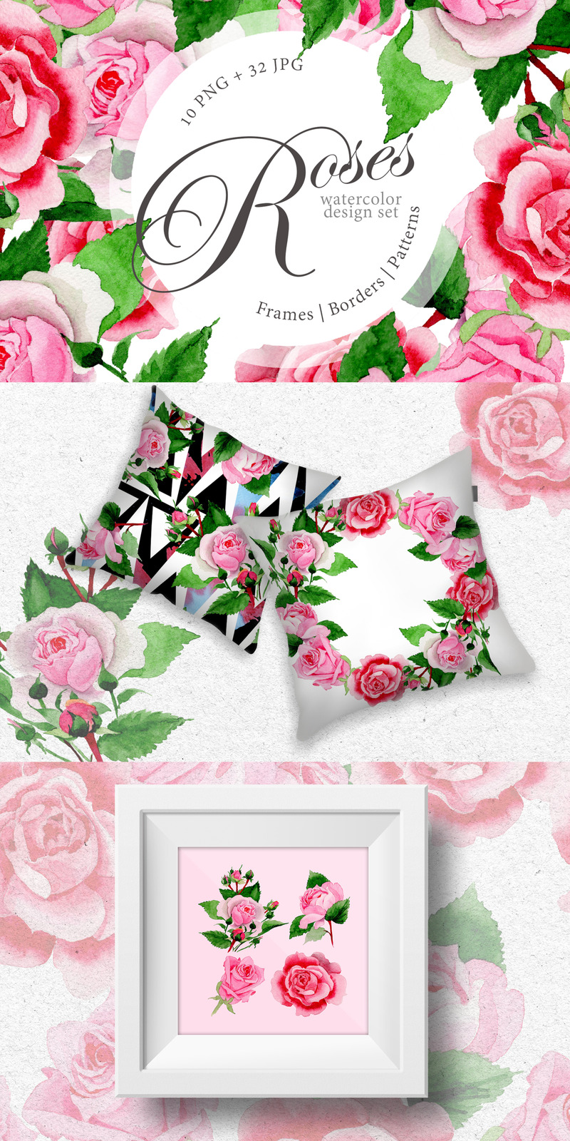 Pink Roses PNG Watercolor Design Creative Set - Illustration - Features Image 1