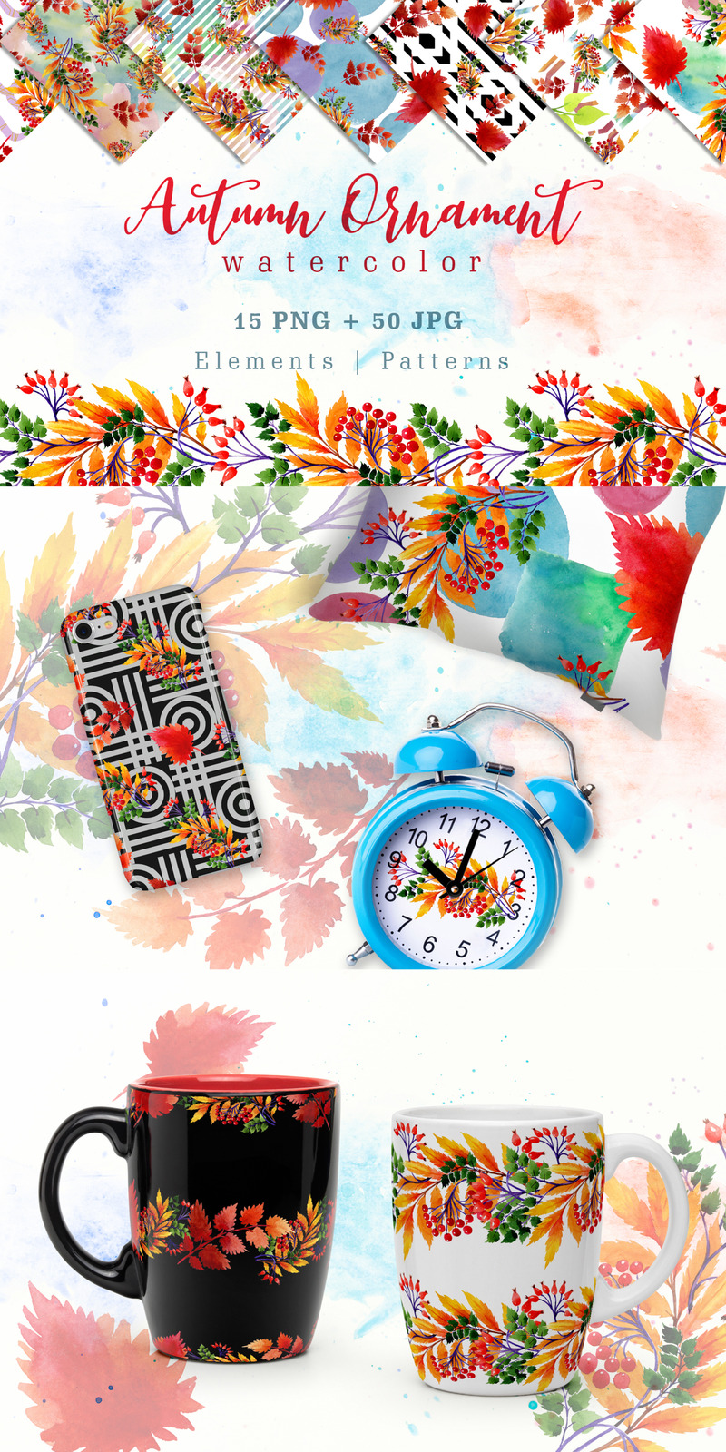 Cool Autumn Ornament PNG Watercolor Set - Illustration - Features Image 1