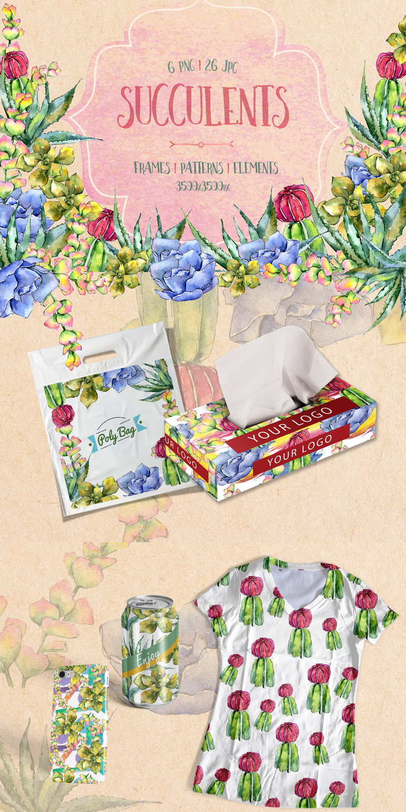 Succulents PNG Watercolor Set  - Illustration - Features Image 1