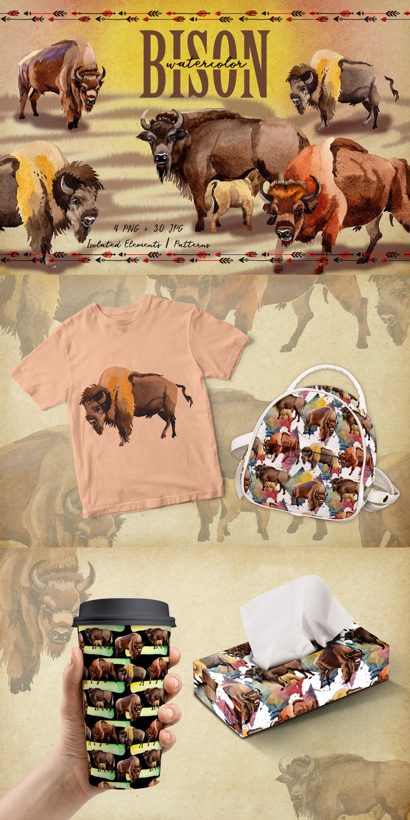 Exotic Bison Wild Animal PNG Watercolor Set - Illustration - Features Image 1
