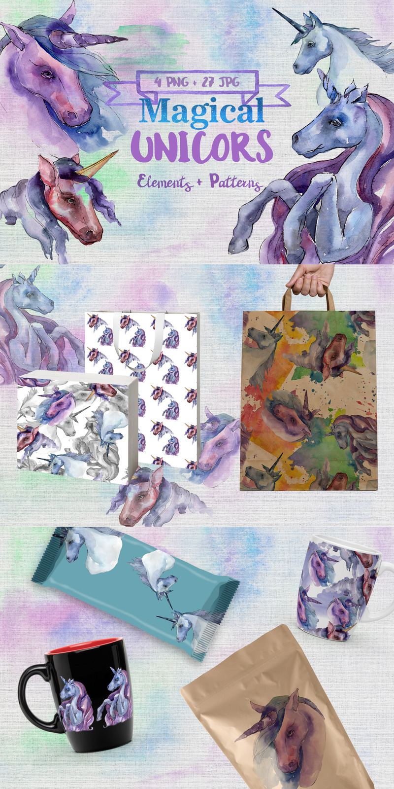 Magische paarse Unicorn PNG aquarel Set - illustratie - Features Image 1